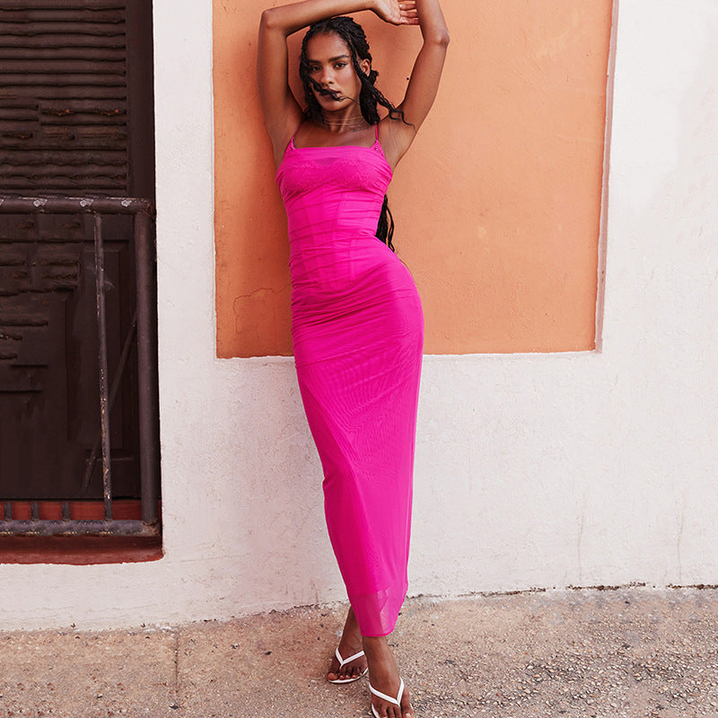Halter Maxi Dress - Mesh Slit Bodycon Style