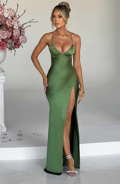Backless Slit Maxi Dress - Satin Halter Neck Style