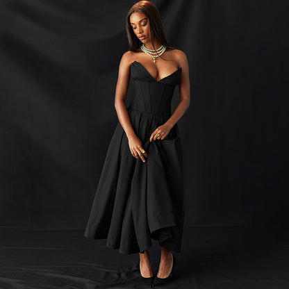 Strapless Midi Dress - Backless Tie Waist Style