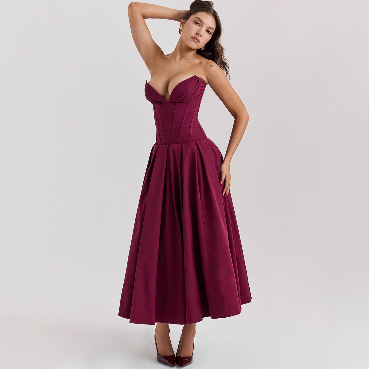 Strapless Midi Dress - Backless Tie Waist Style