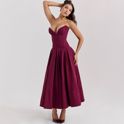 Strapless Midi Dress - Backless Tie Waist Style