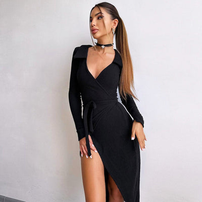 Bodycon Dress - Long Sleeve Tie Waist Split - Fashions Envy