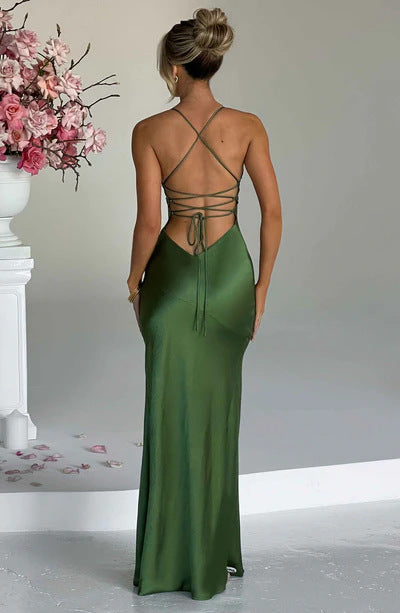 Backless Slit Maxi Dress - Satin Halter Neck Style