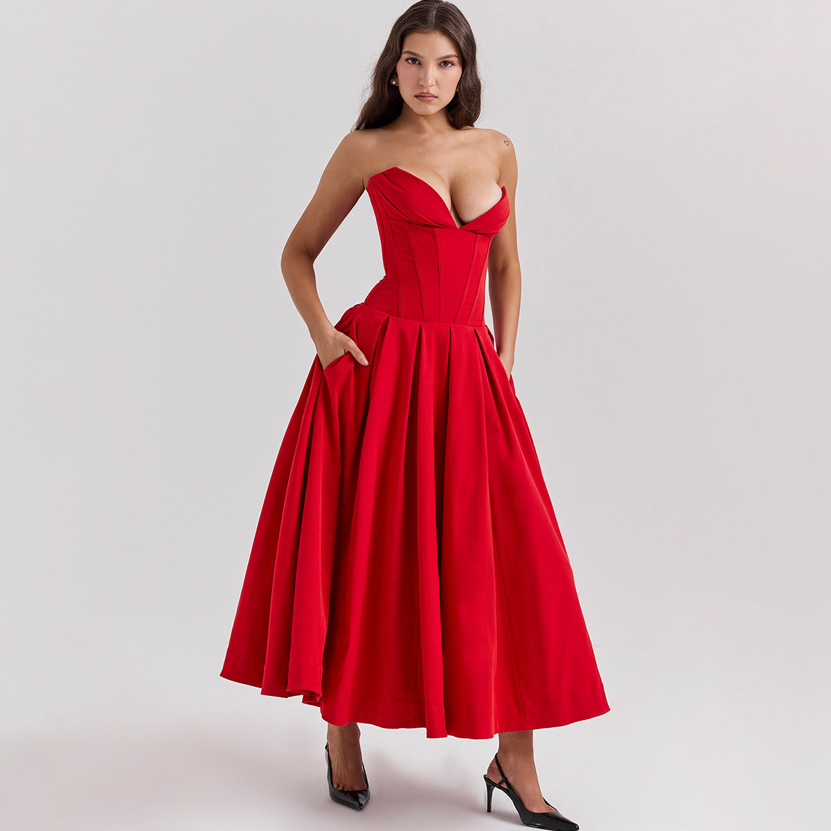 Strapless Midi Dress - Backless Tie Waist Style