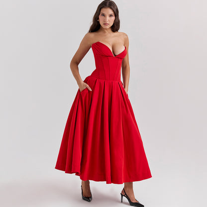 Strapless Midi Dress - Backless Tie Waist Style