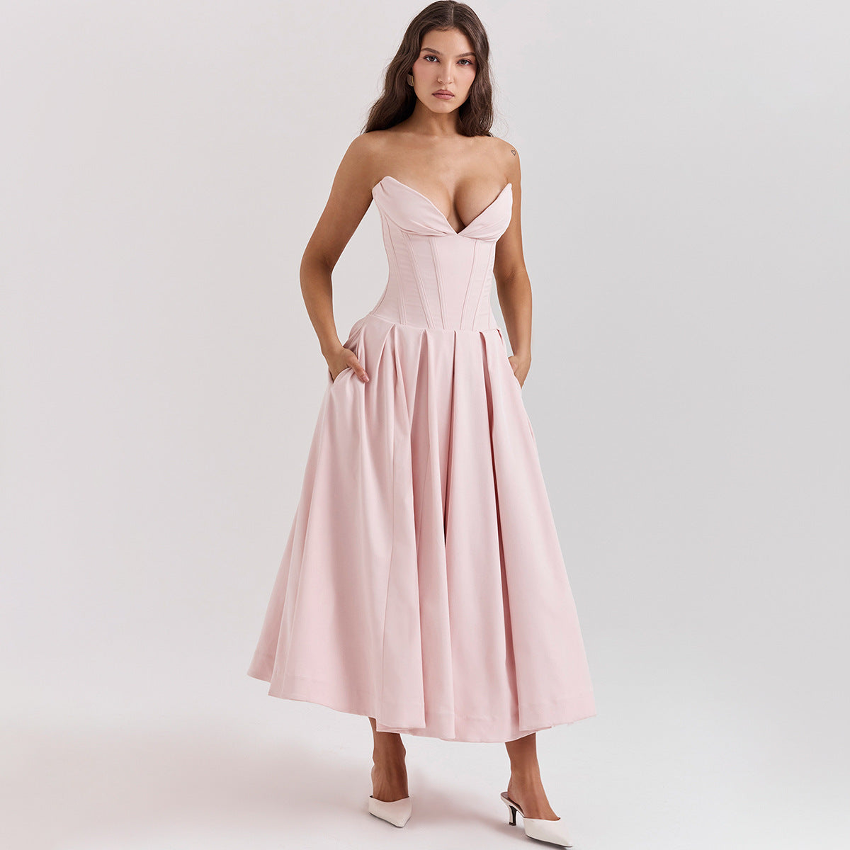 Strapless Midi Dress - Backless Tie Waist Style