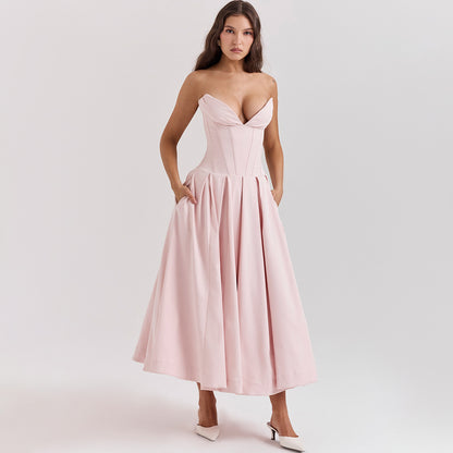 Strapless Midi Dress - Backless Tie Waist Style