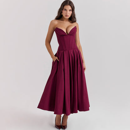 Strapless Midi Dress - Backless Tie Waist Style