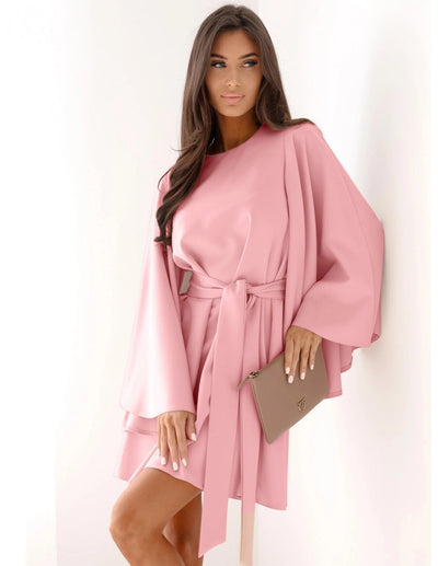 Autumn Mini Dress - Flared Sleeve Lace-Up Round Neck - Fashions Envy