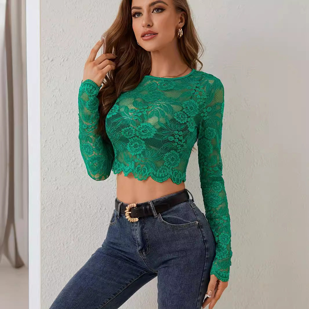 Single Layer Lace Long-sleeved Cropped Pullover Top