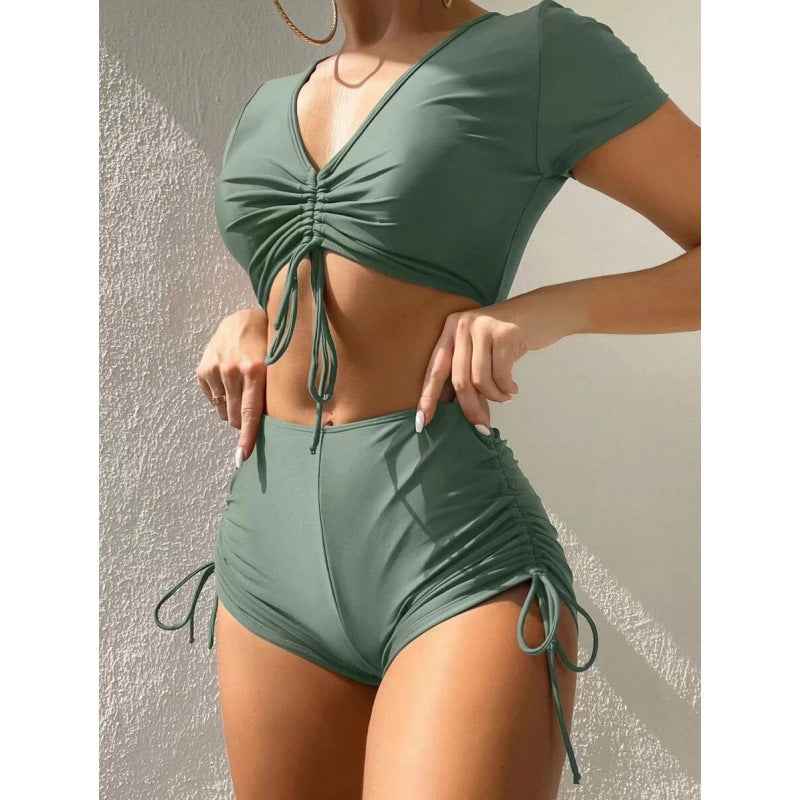 Swimsuit Women's Solid Color Sexy Short Sleeve Swimwear - Fashions Envy