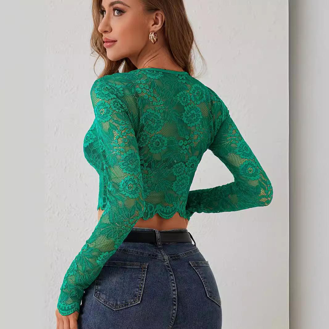 Single Layer Lace Long-sleeved Cropped Pullover Top