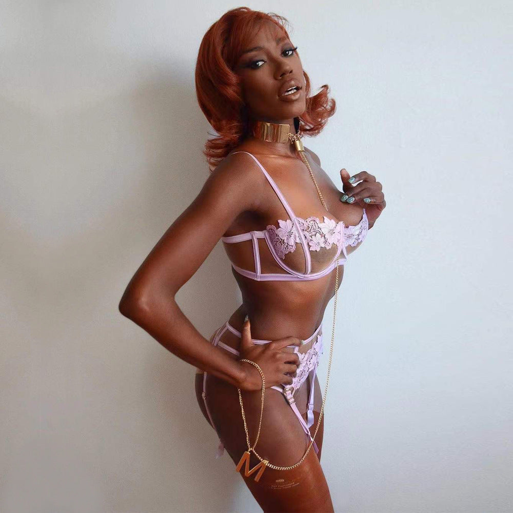 Lace Lingerie Set - Three Piece Hollow Lace Bra Set