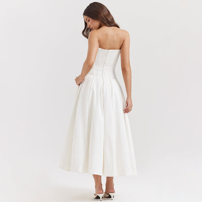 Strapless Midi Dress - Backless Tie Waist Style