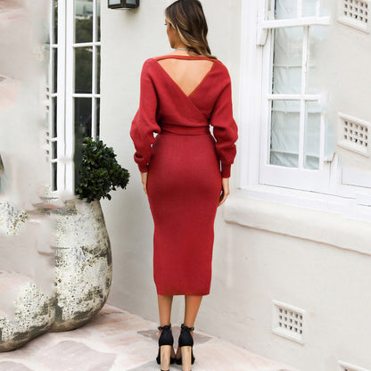 Autumn and winter new knit dress slim V-neck sweater dress