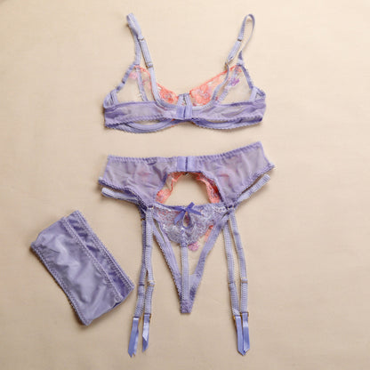 Embroidered Bra Lingerie Set - Elegant Purple
