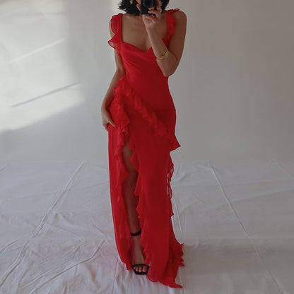 Spaghetti Strap Maxi Dress - Elegant High Slit Evening Gown