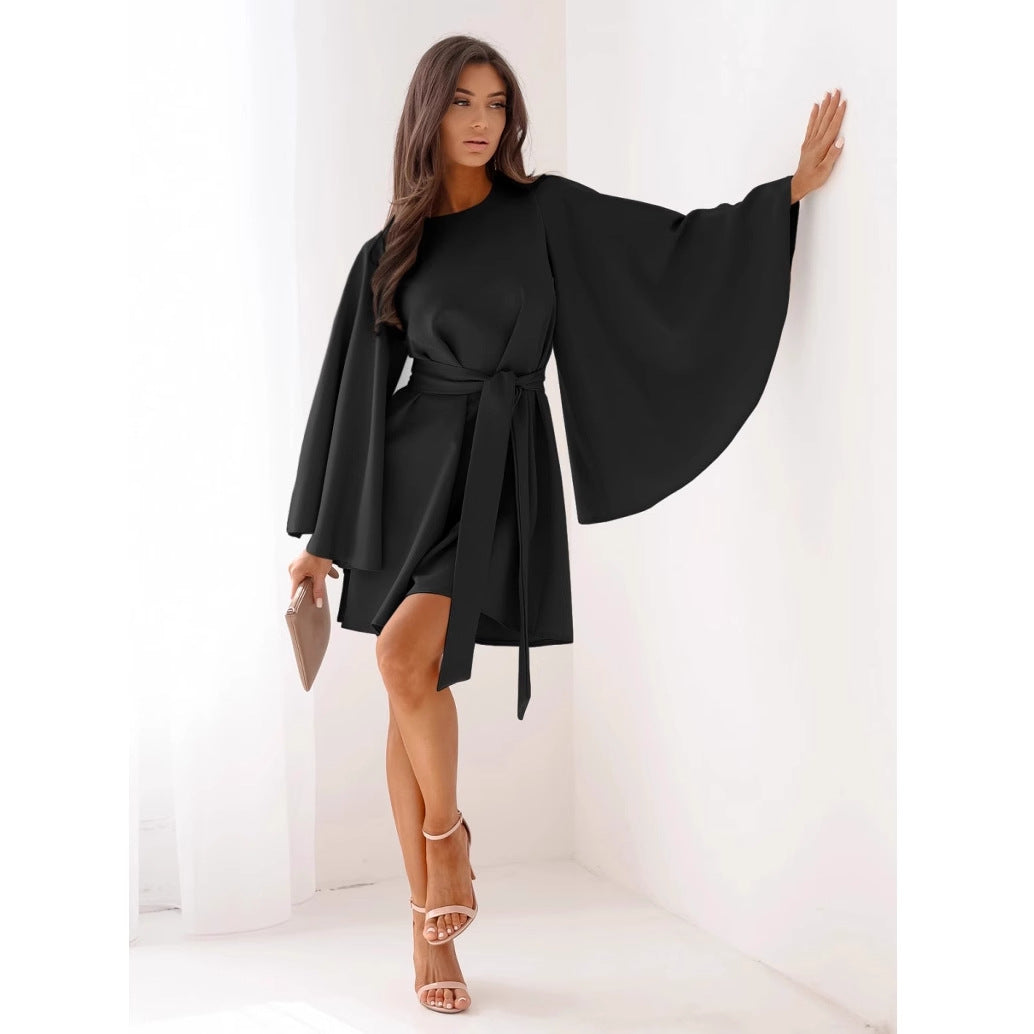 Autumn Mini Dress - Flared Sleeve Lace-Up Round Neck