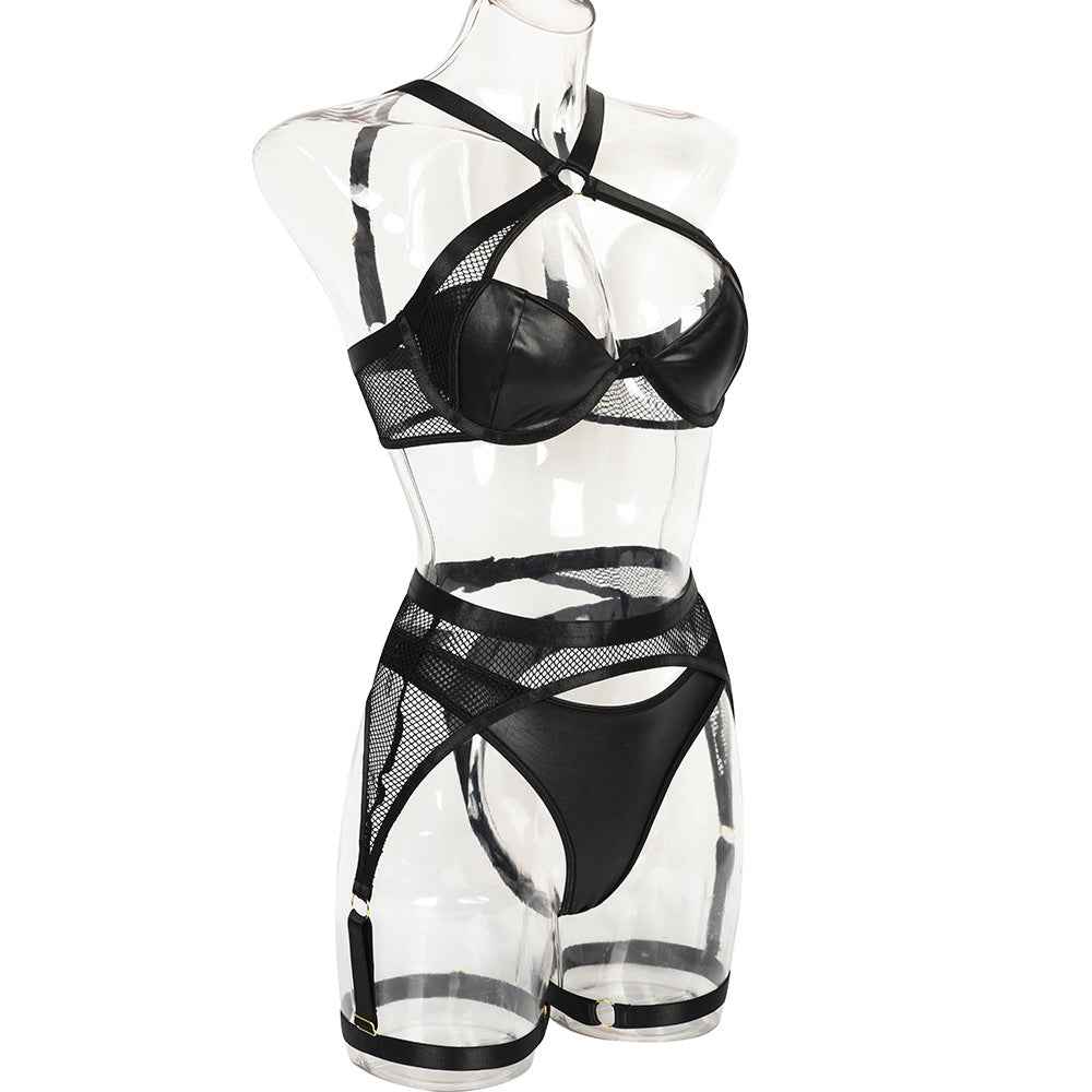 Mesh Lingerie Set - Black Bra Thong Garter Belt Three Piece