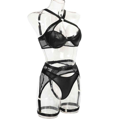 Mesh Lingerie Set - Black Bra Thong Garter Belt Three Piece