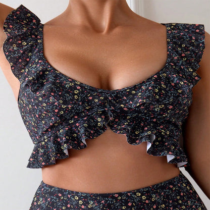 Floral Flounce Split Ruffled Bikini Swimsuit Set