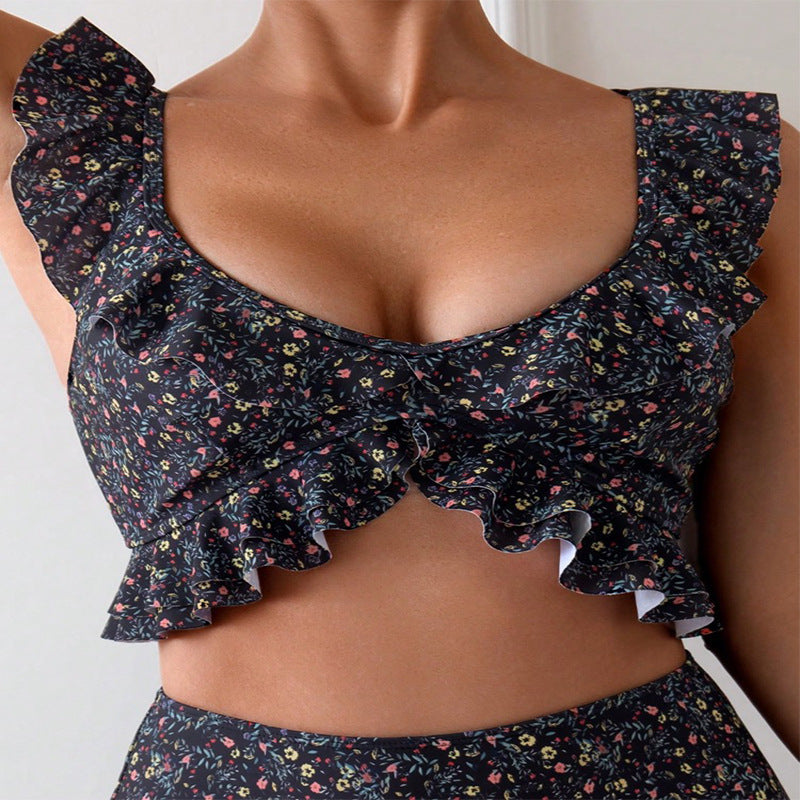 Floral Flounce Split Ruffled Bikini Swimsuit Set