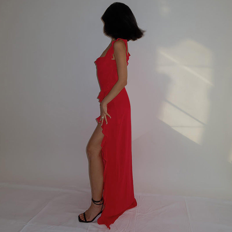 Spaghetti Strap Maxi Dress - Elegant High Slit Evening Gown