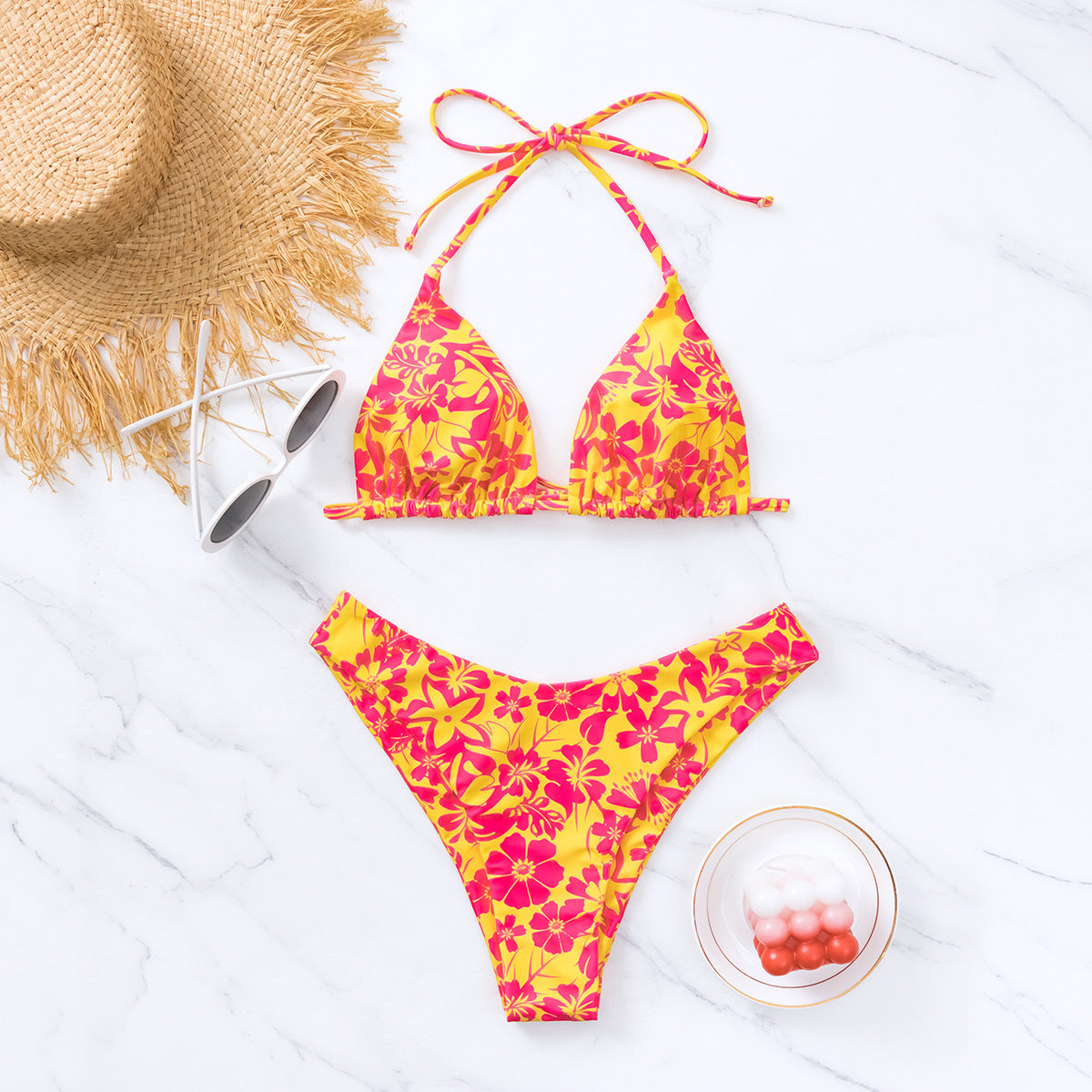 Triangle Cup Printed Lace-up Sexy Bikini Swimsuit Set