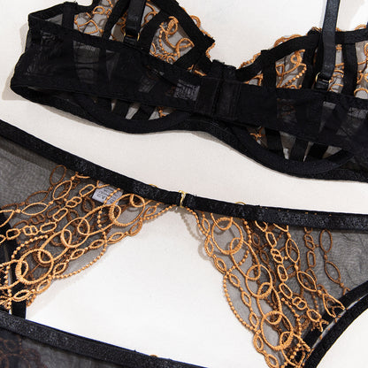 Gold Embroidery Garter Lingerie Set - Elegant Lace