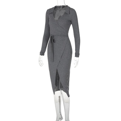 Bodycon Dress - Long Sleeve Tie Waist Split - Fashions Envy