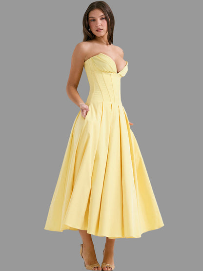 Strapless Midi Dress - Backless Tie Waist Style