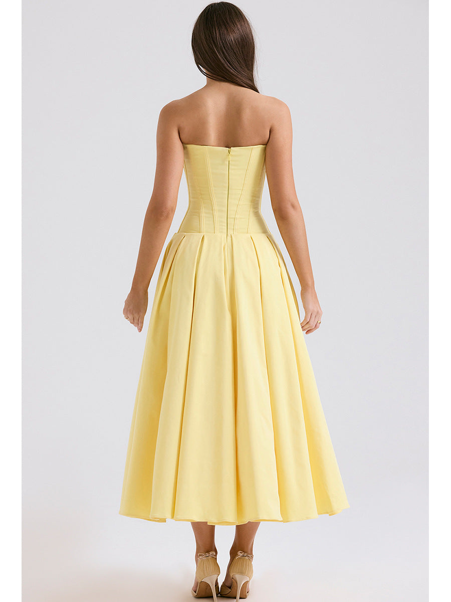 Strapless Midi Dress - Backless Tie Waist Style