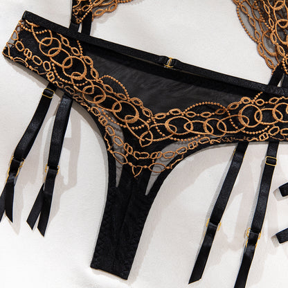 Gold Embroidery Garter Lingerie Set - Elegant Lace