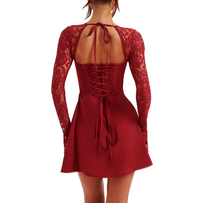 Halter Neck Lace-Up Mini Dress - Long Sleeve Style