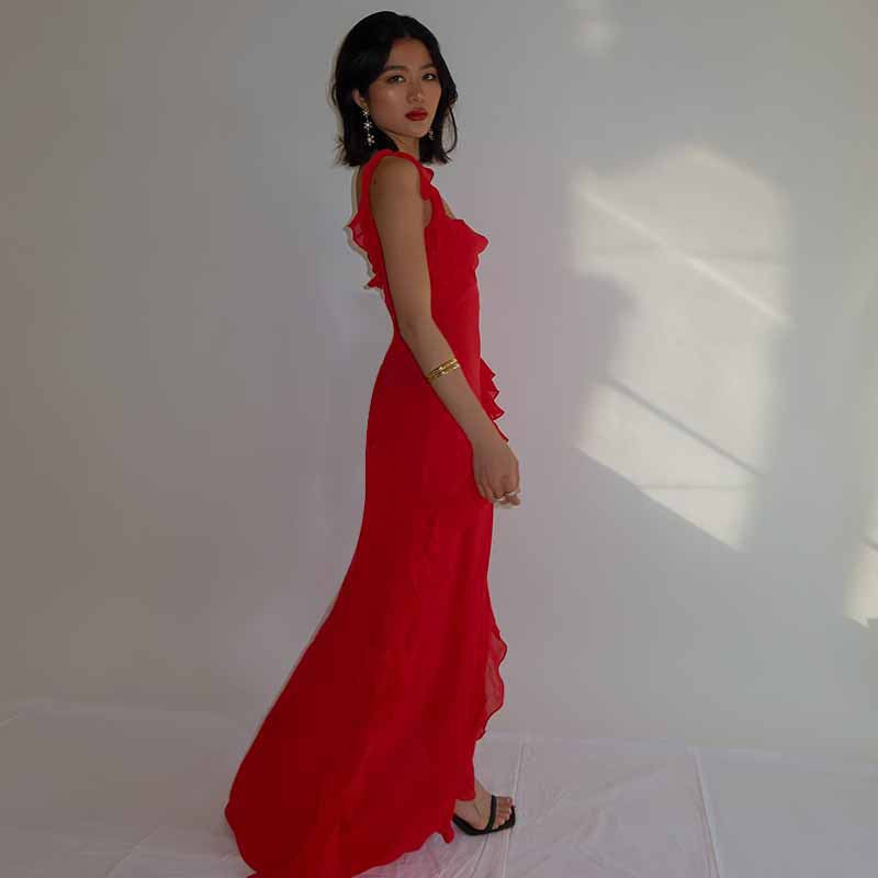 Spaghetti Strap Maxi Dress - Elegant High Slit Evening Gown