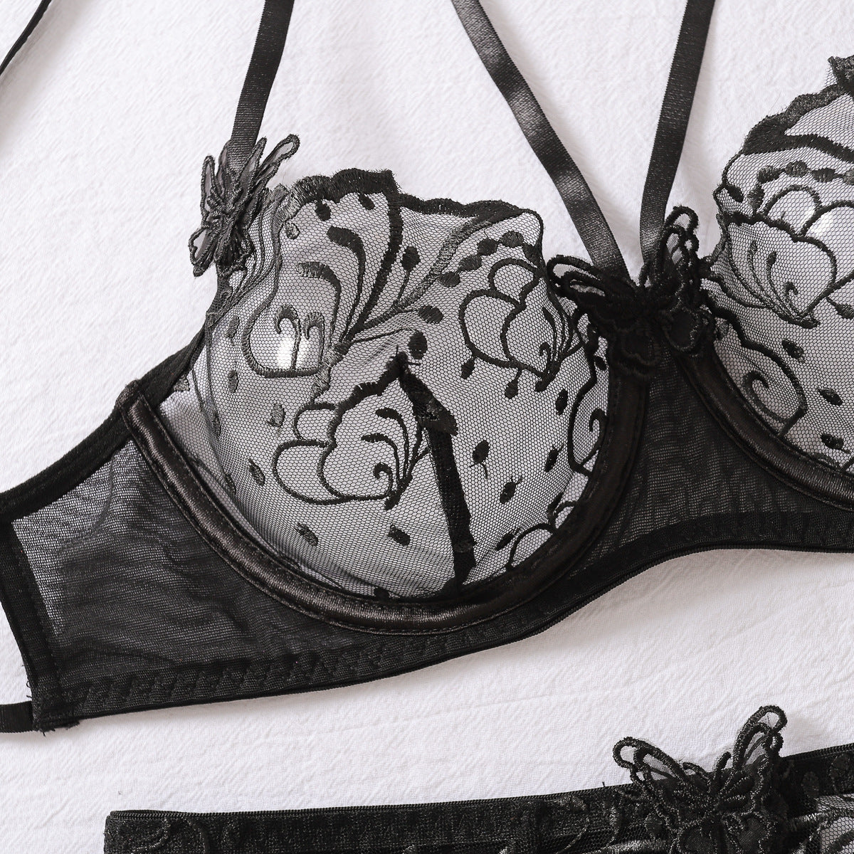 Lace Lingerie Three-Piece - Butterfly Backless Bra Style
