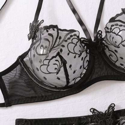 Lace Lingerie Three-Piece - Butterfly Backless Bra Style