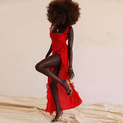 Spaghetti Strap Maxi Dress - Elegant High Slit Evening Gown