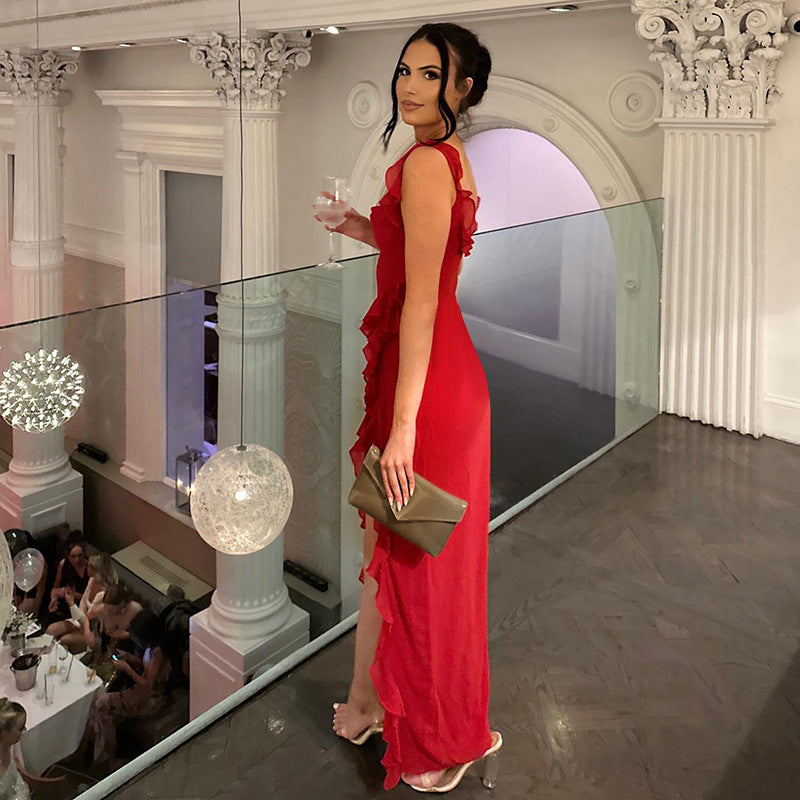 Spaghetti Strap Maxi Dress - Elegant High Slit Evening Gown