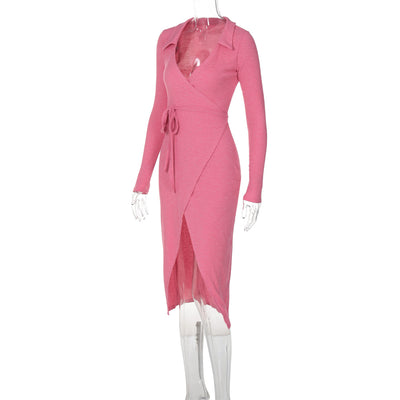 Bodycon Dress - Long Sleeve Tie Waist Split - Fashions Envy