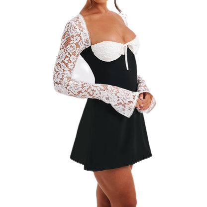 Halter Neck Lace-Up Mini Dress - Long Sleeve Style