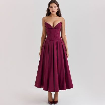 Strapless Midi Dress - Backless Tie Waist Style