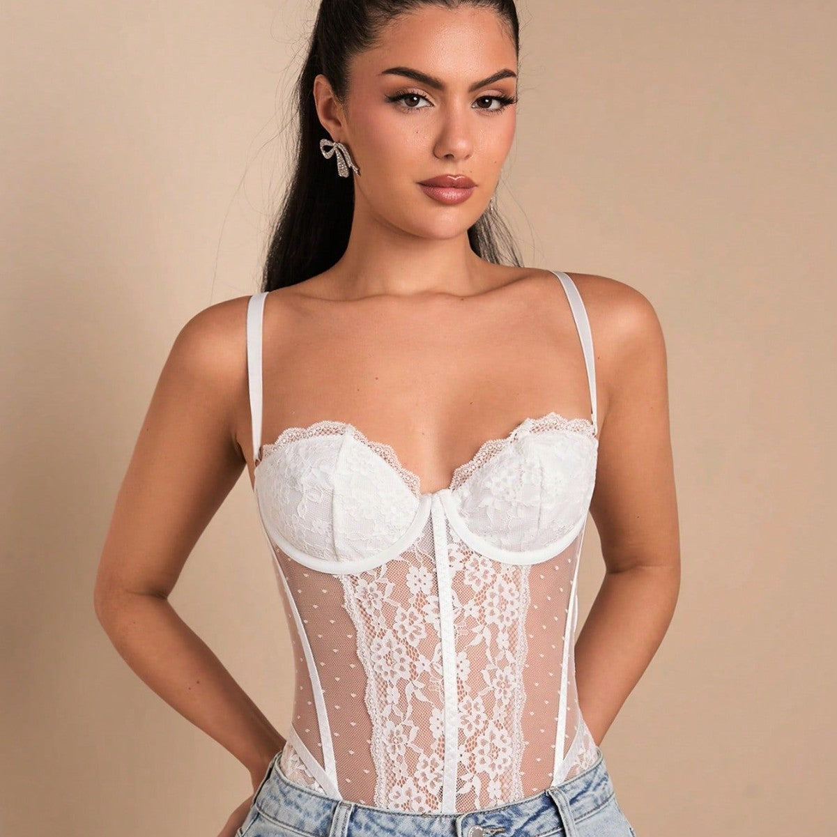Pure Desire Wind Lace Floral Border Mesh Polka Dot Low-cut Bodysuit With Steel Ring
