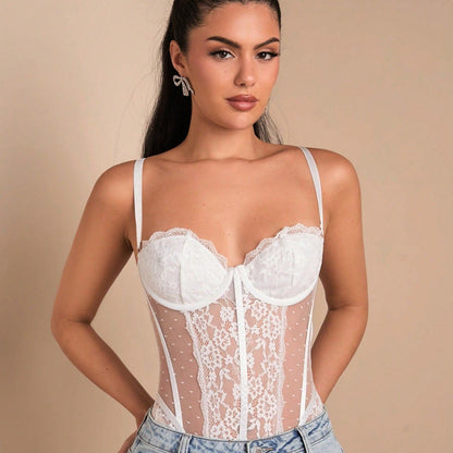 Pure Desire Wind Lace Floral Border Mesh Polka Dot Low-cut Bodysuit With Steel Ring