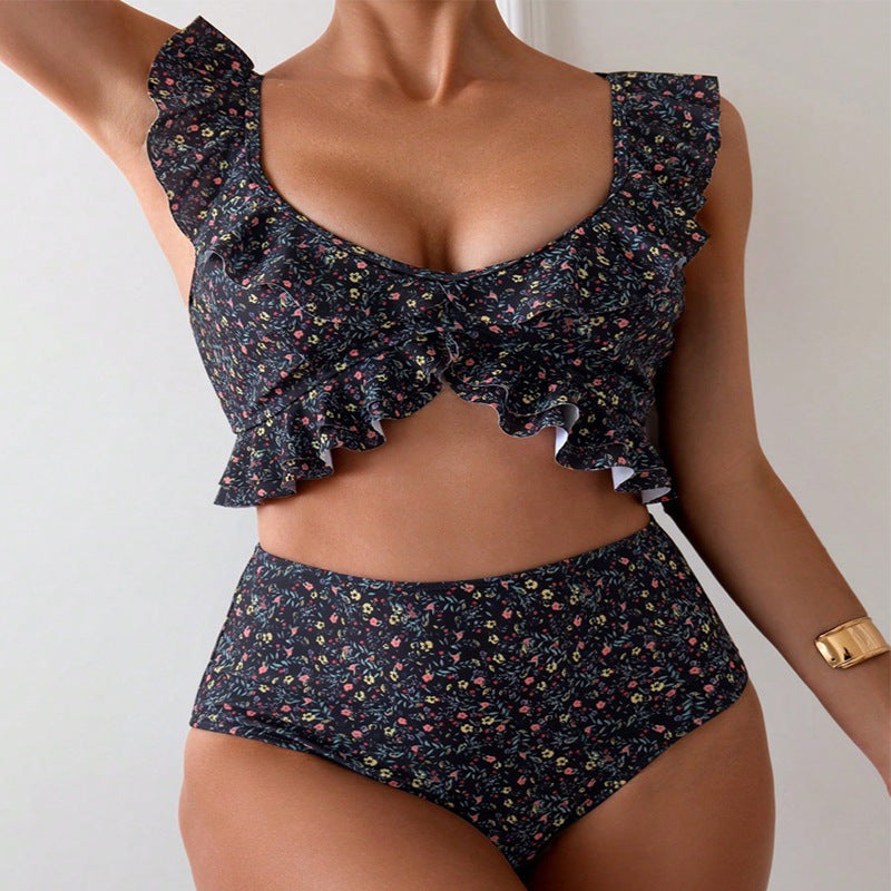 Floral Flounce Split Ruffled Bikini Swimsuit Set