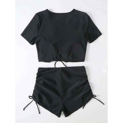 Swimsuit Women's Solid Color Sexy Short Sleeve Swimwear - Fashions Envy