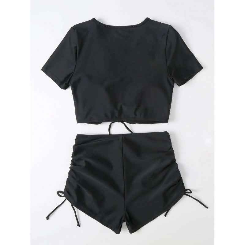 Swimsuit Women's Solid Color Sexy Short Sleeve Swimwear - Fashions Envy