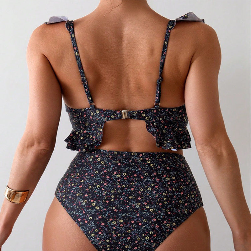 Floral Flounce Split Ruffled Bikini Swimsuit Set