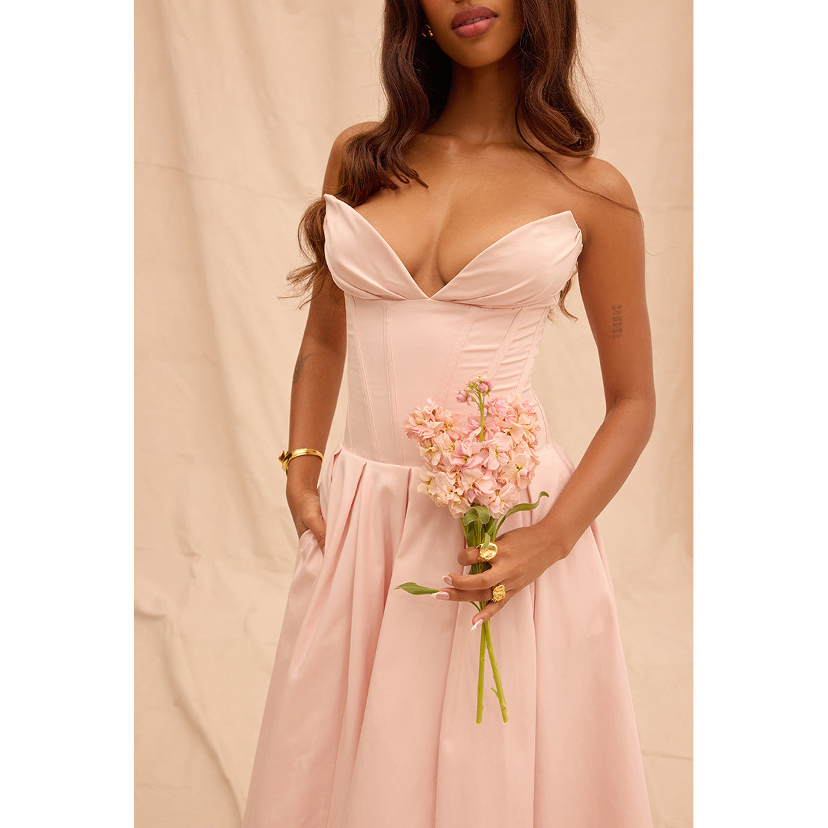 Strapless Midi Dress - Backless Tie Waist Style