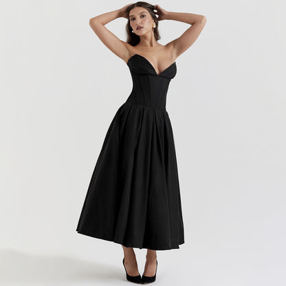 Strapless Midi Dress - Backless Tie Waist Style